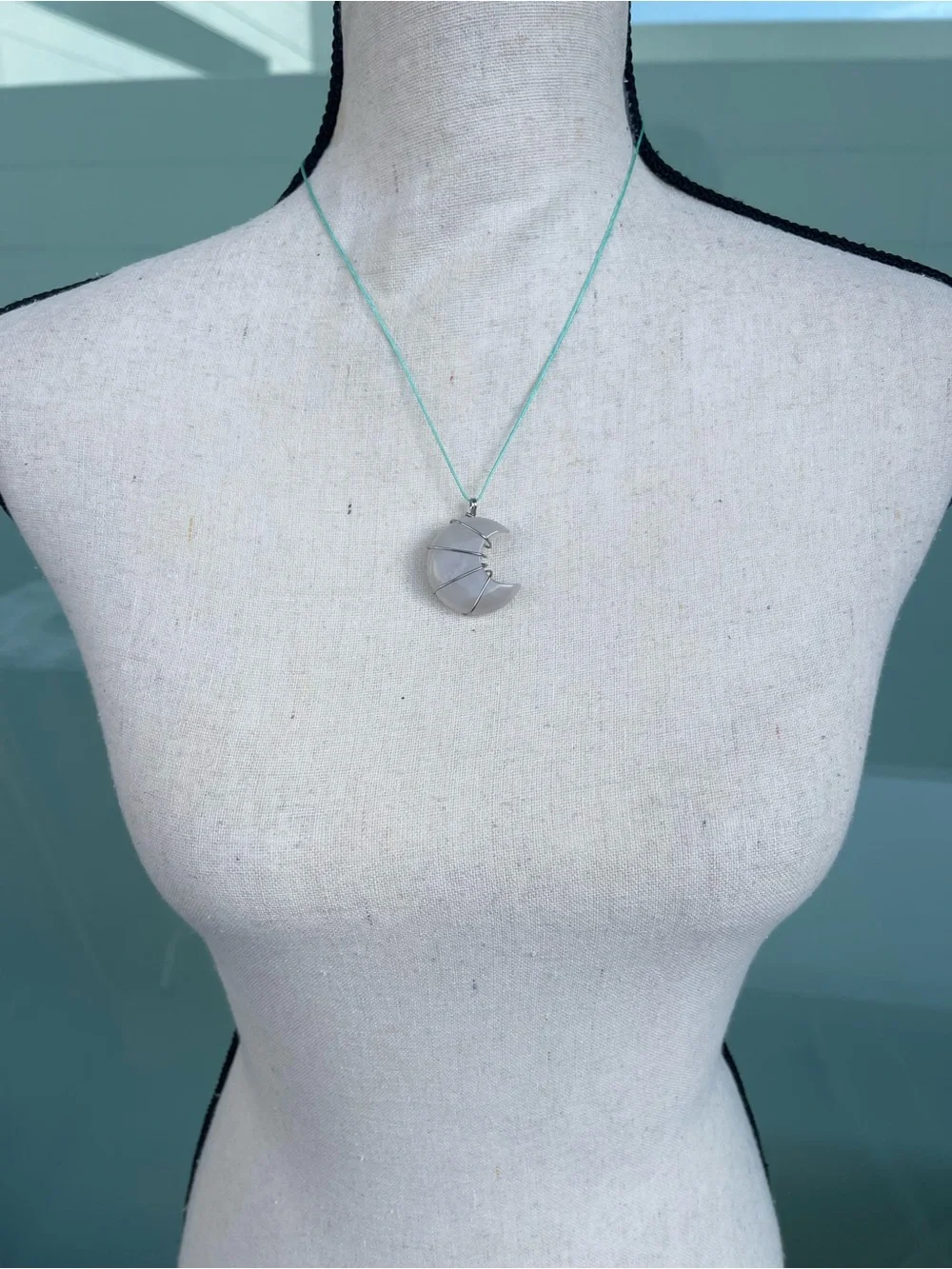 Clear Quartz Moon Necklace on Aqua Nylon Cord Stainless Steel Wire Wrap